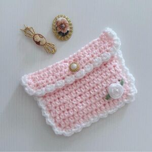 Pink and White Crochet Kids Pouch